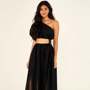 Farm Rio black cotton/linen blend side-tie Maxi dress
